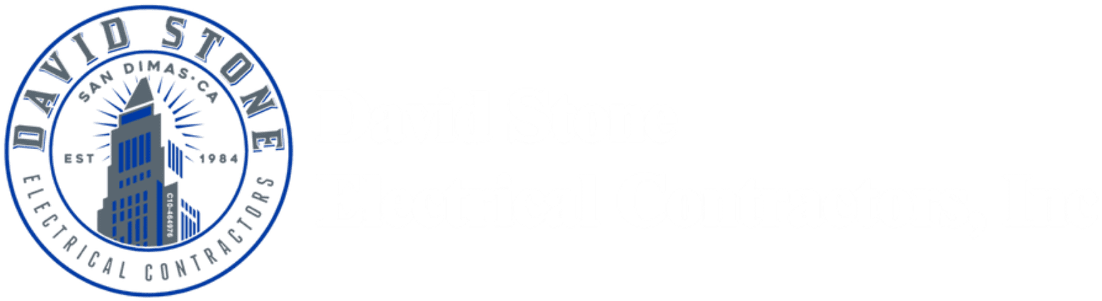 Logo for "David Stone Electrical Contractors, LLC" featuring a blue circular emblem with a building and rays, plus bold white text on a black background.