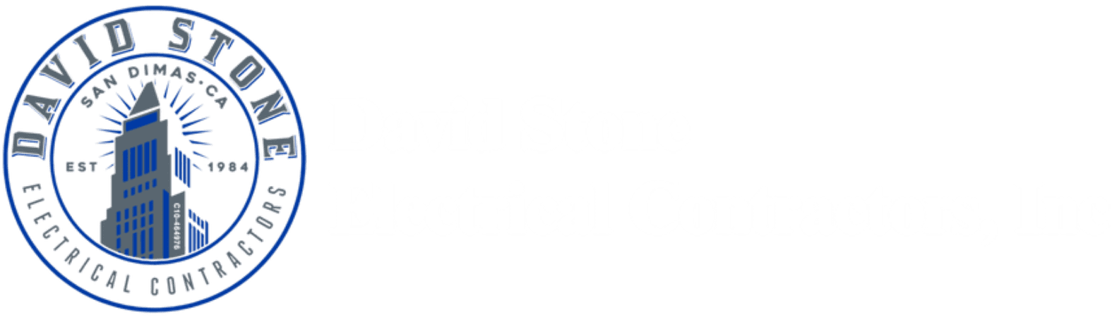 Logo for David Stone Electrical Contractors, Inc. featuring a blue circular emblem with a city building and radiating lines. The company name appears in white text to the right.